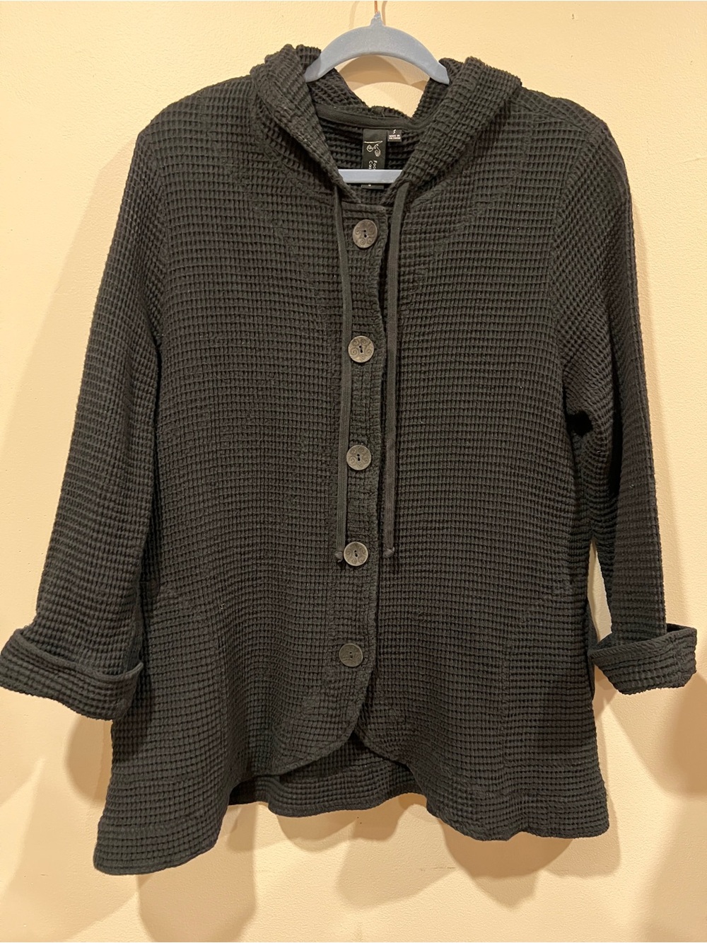 Women's Black Hooded Waffle Knit Button-Front Jacket - Picture 2 of 7